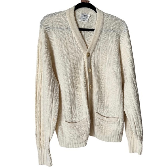 Vintage 60s Cream Golden Arrow Worsted Wool Knit Cardigan Fisherman Sweater - Picture 1 of 5